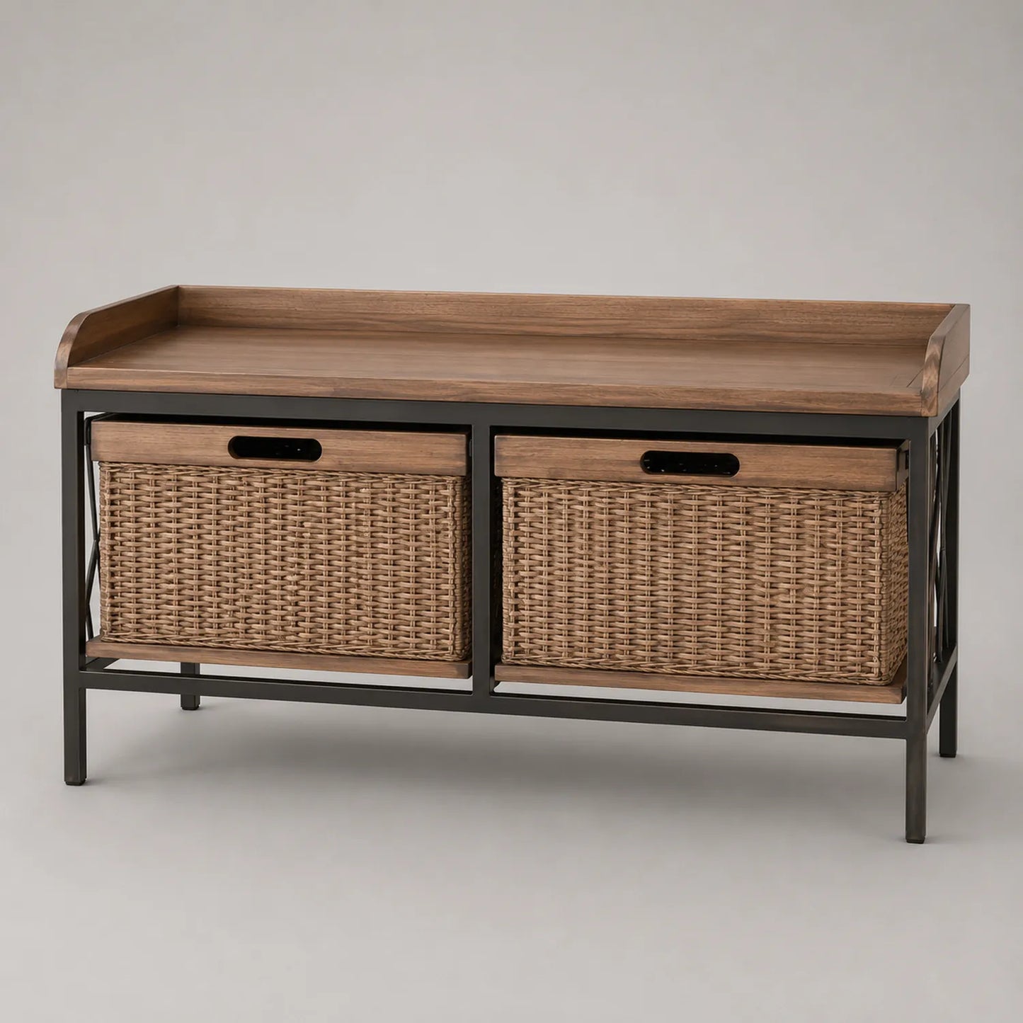 Holzbank mit Metallrahmen und Rattan Körben Braun Schwarz