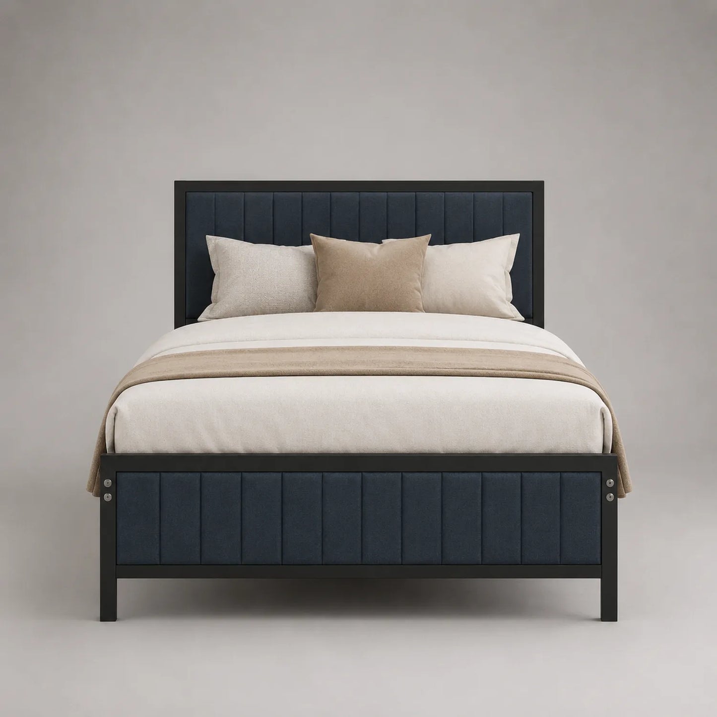 Metallbett mit Stoffbezug in Blau und Beige