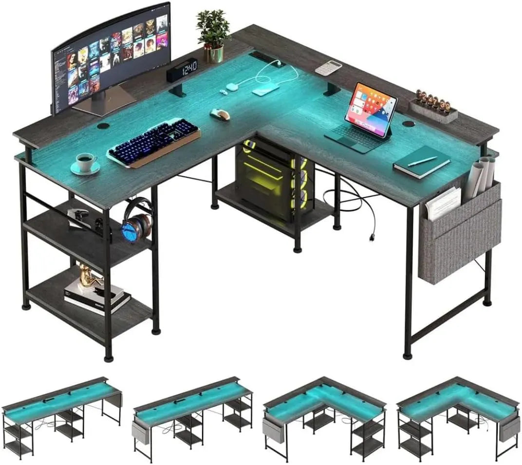 Schreibtisch und Computertisch: wendbar, L-Form, mit Einlegeböden, für Gaming, 4 Einlegeböden, 140 × 140cm, mit LED-Beleuchtung