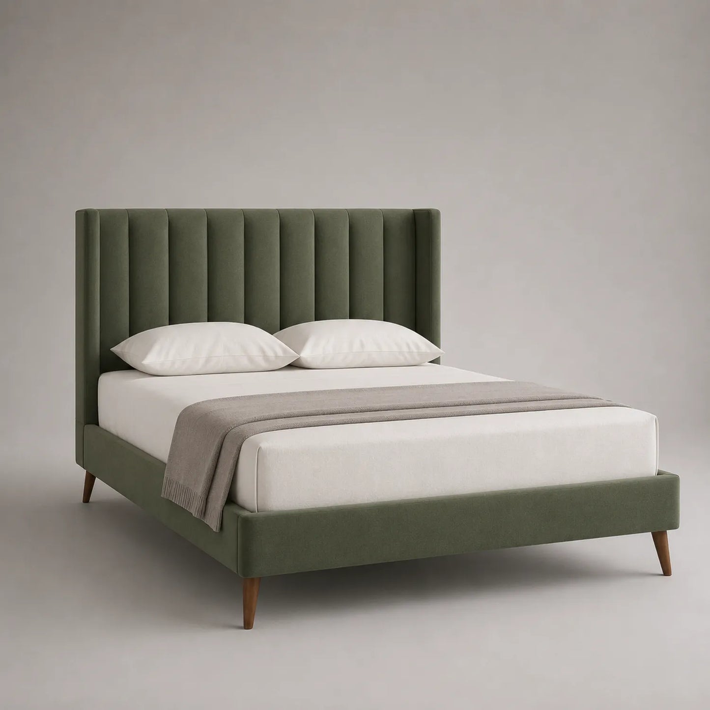 Bett aus Velours in Olivgrün mit Holzfüßen 200x160 cm