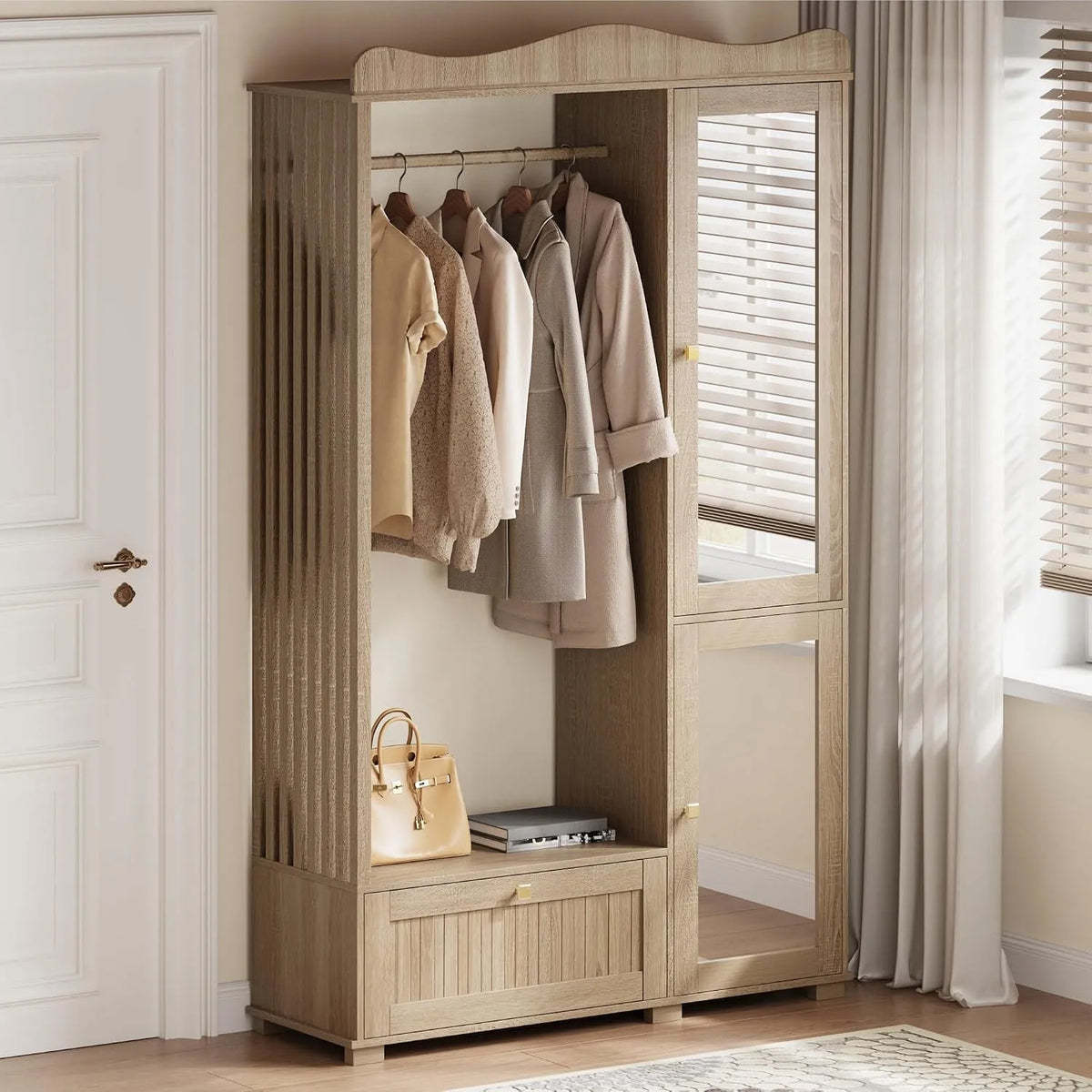 Garderobenschrank – mit Schubladen, mit Spiegel, 2 Türen, 115.5 × 38.5 × 194.5 cm