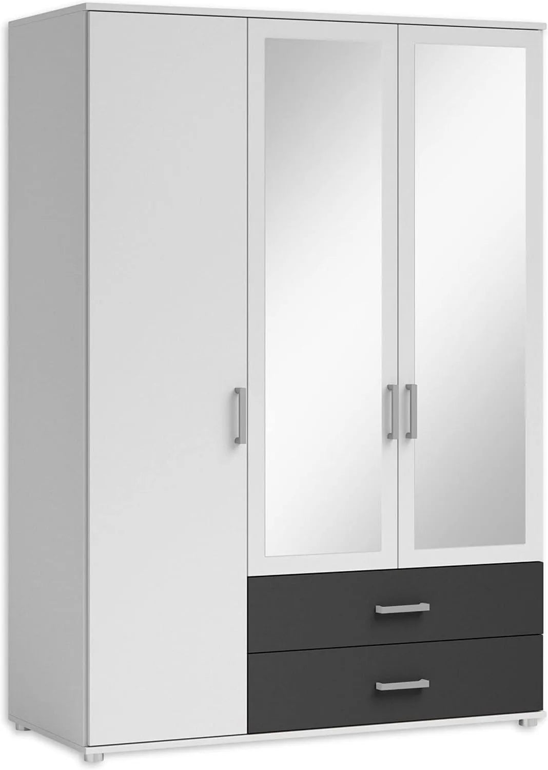 Kleiderschrank und Garderobenschrank — mit Schubladen, mit Spiegel, 3-türig, 125 × 190 × 51 cm, weiß