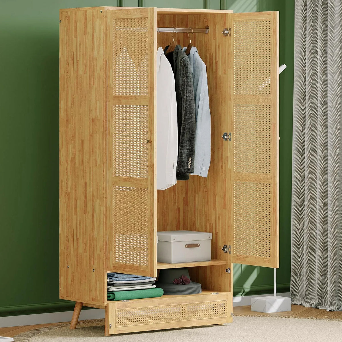 Kleiderschrank und Garderobenschrank – mit Stauraum, mit Kleiderstange, 90 × 45 × 183cm, aus Polyrattan
