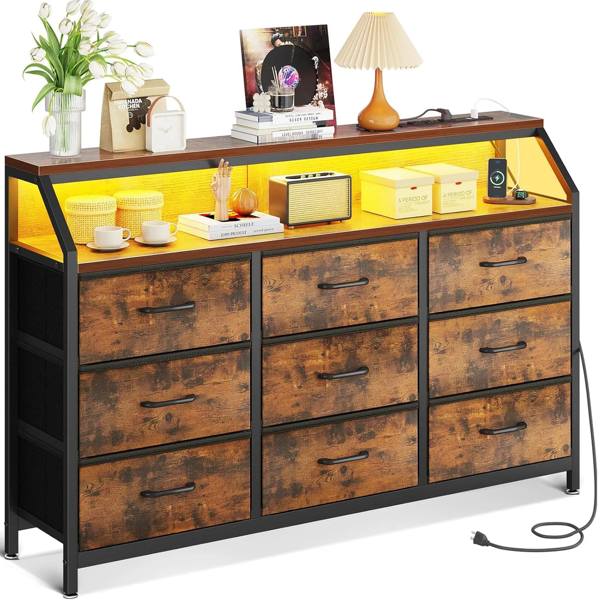 Sideboard und Anrichte: mit Schubladen, mit USB-Anschluss, LED-Anzeige, mit Stoffbezug