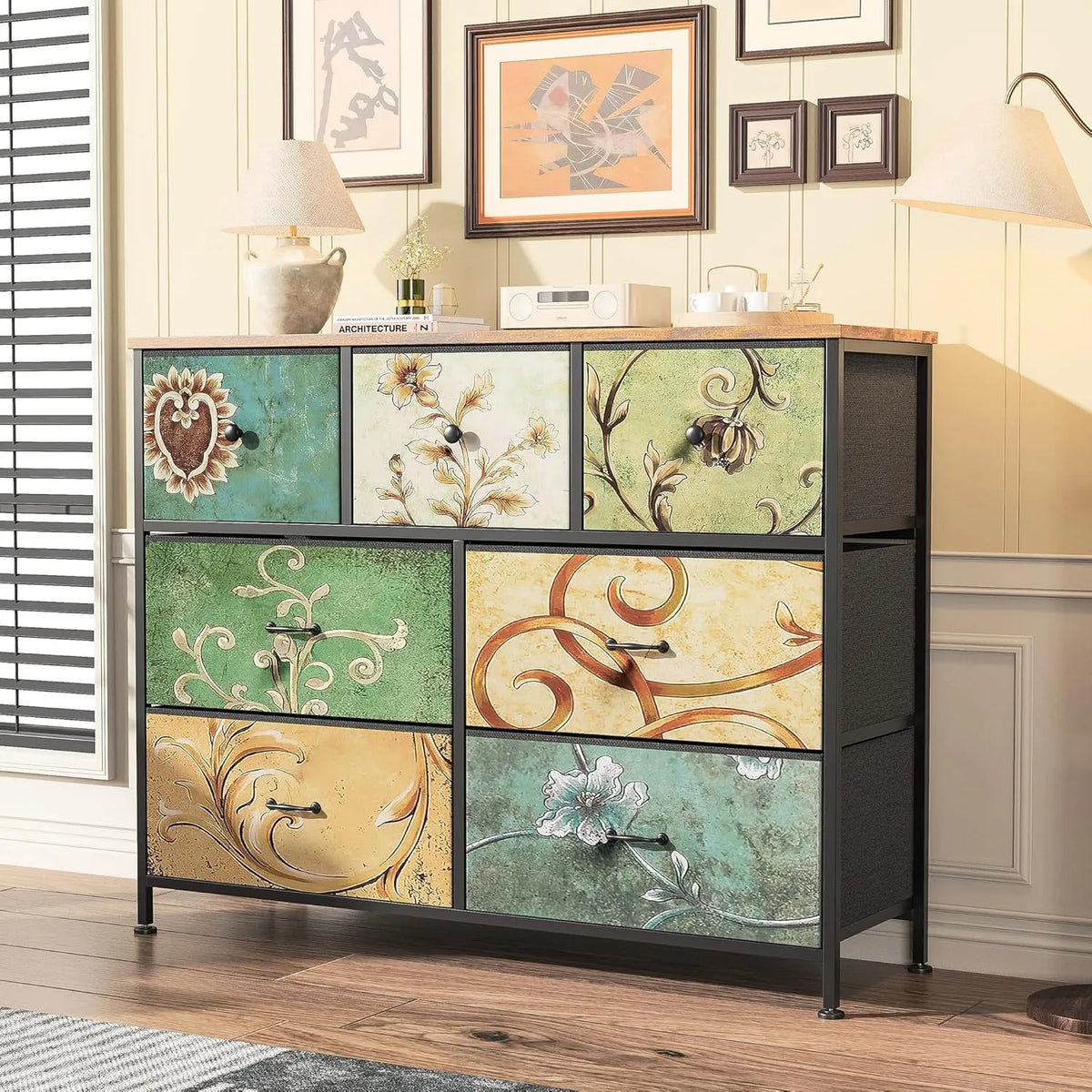 Sideboard und Anrichte – mit Schubladen, 7 Schubladen, 100 × 30 × 78 cm, aus Metall, mit Stoffbezug