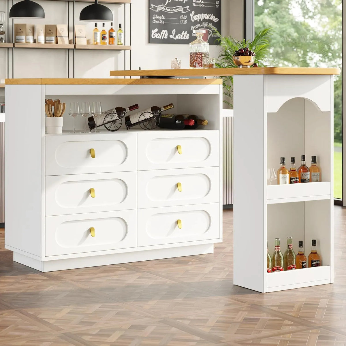 Bartisch — mit Stauraum, mit Schubladen, ausziehbar, drehbar, 6 Schubladen, 203 × 39 × 90 cm, weiß
