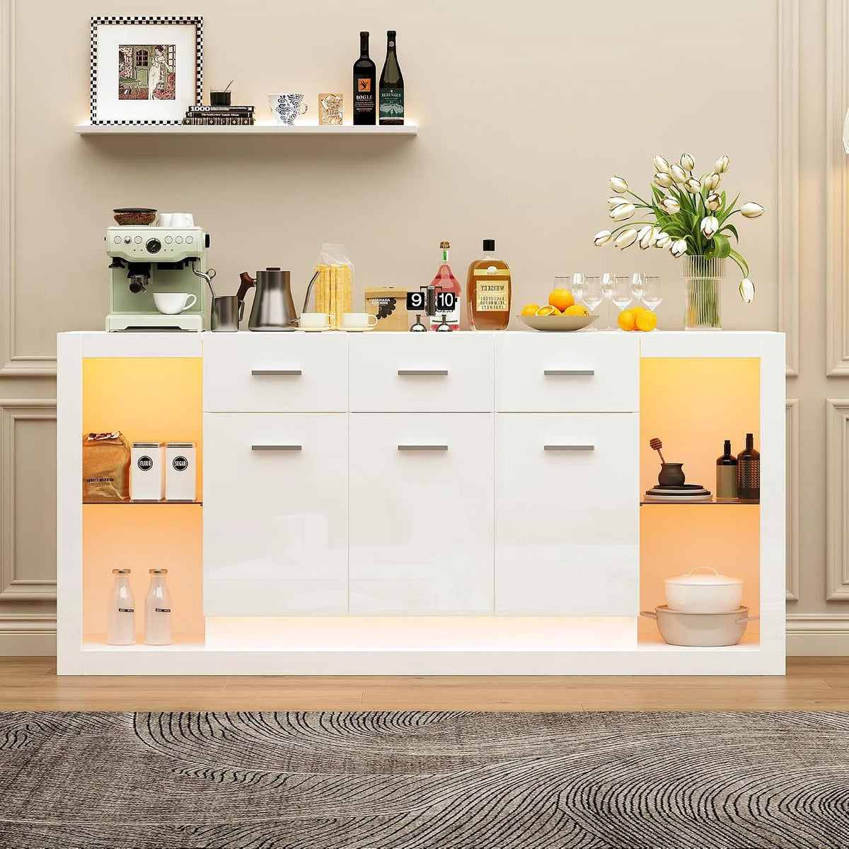 Sideboard und Anrichte — EIN, mit Schubladen, LED-Anzeige, 3 Schubladen, weiß