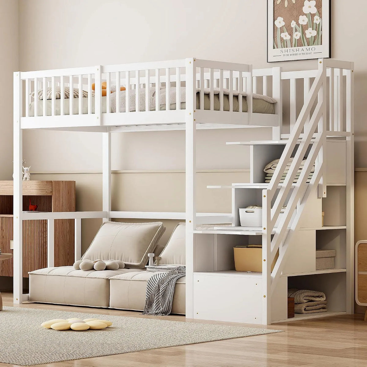 Etagenbett und Hochbett — für Kinder, mit Leiter, 90 × 200cm, weiß