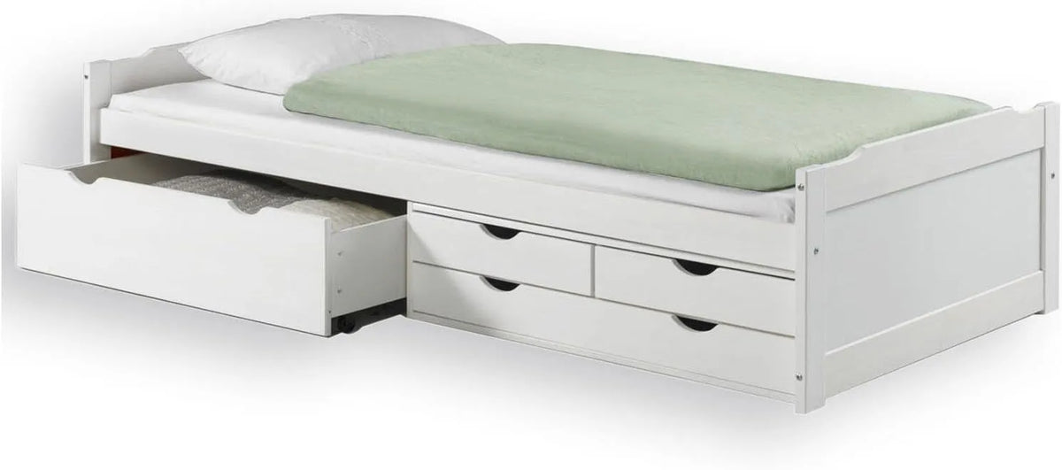 Bettgestell und Bettrahmen: mit Stauraum, mit Schubladen, 4 Schubladen, 90 × 200 cm, weiß