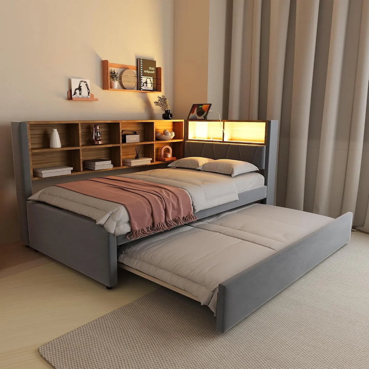 Polsterbett und gepolstertes Bettgestell: ausziehbar, mit USB-Anschluss, mit Lattenrost, LED-Anzeige, 90 × 200 cm, 90 × 190 cm, grau