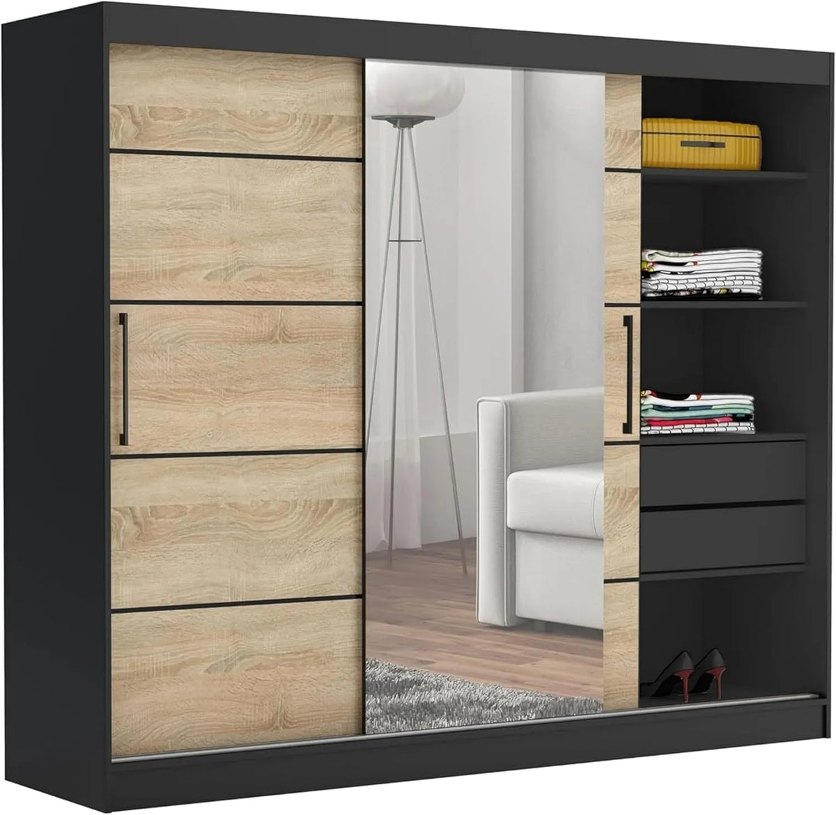 Kleiderschrank und Garderobenschrank — mit Schubladen, mit Spiegel, 235cm, schwarz