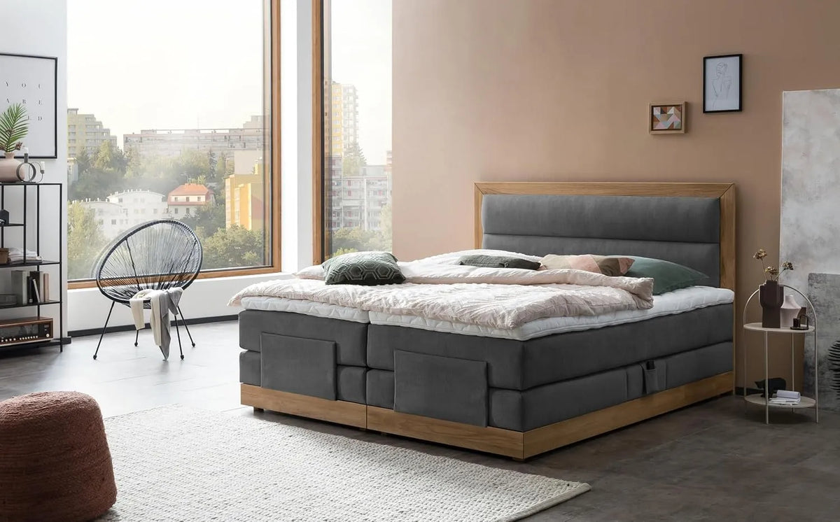 Polsterbett und gepolstertes Bettgestell – MODELA, aus Massivholz, verstellbar, 180 × 200, anthrazit