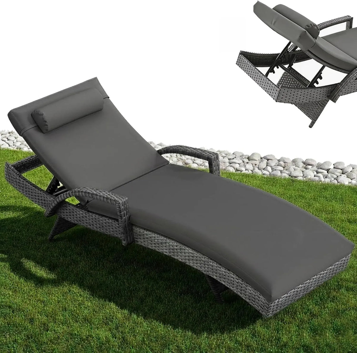 Gartenliege und Sonnenliege — mit Rückenlehne, mit Kissen, wetterfest, aus Polyrattan, grau, verstellbar