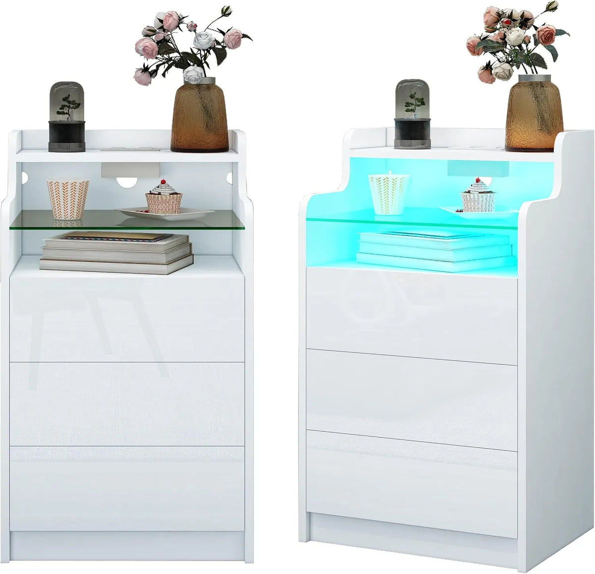 Nachttisch – mit Schubladen, mit USB-Anschluss, LED-Anzeige, 2er Set, 3 Schubladen, 45 × 35 × 76cm, weiß