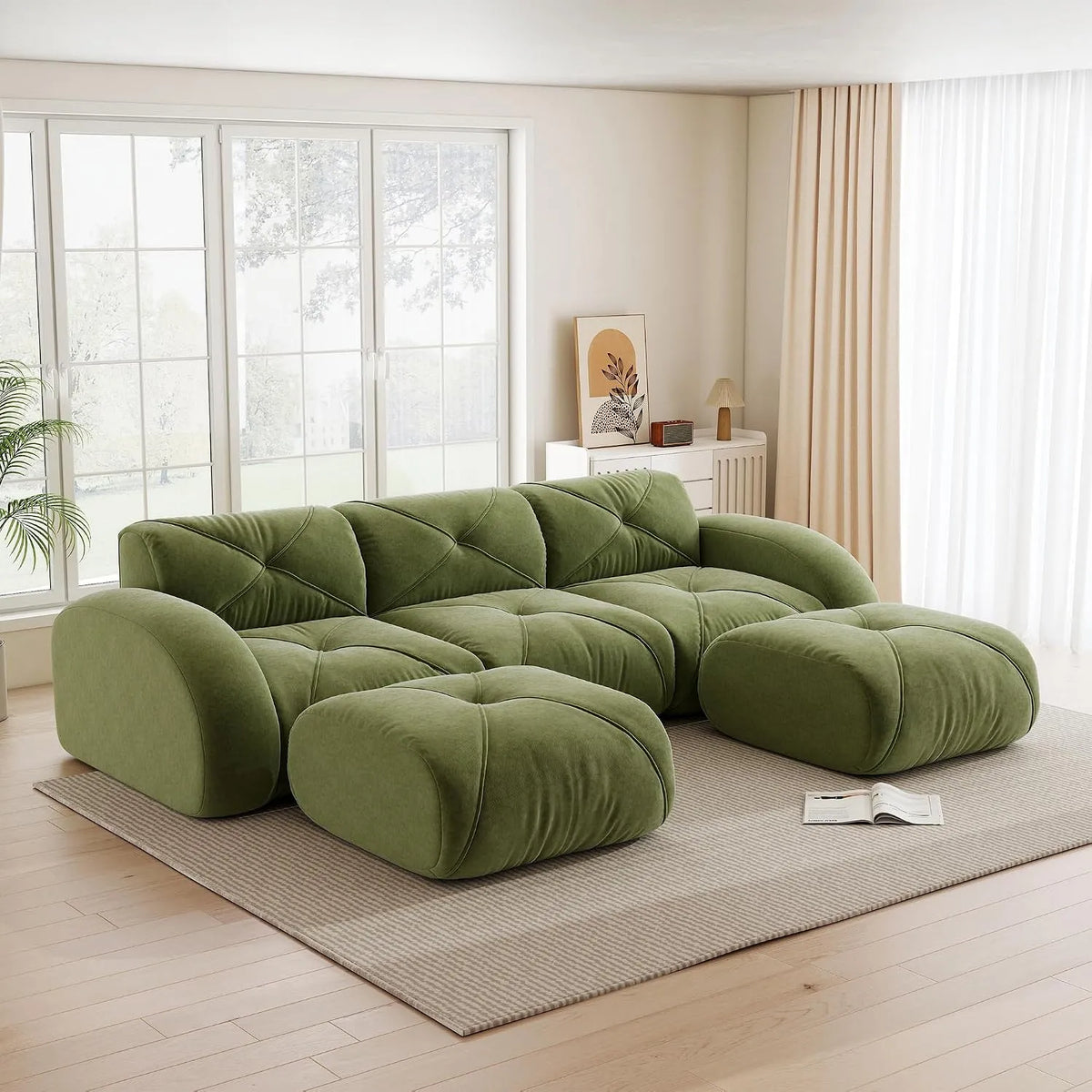 Modulares Sofa — rutschfest, U-Form, 3-Sitzer, grün, mit Stoffbezug