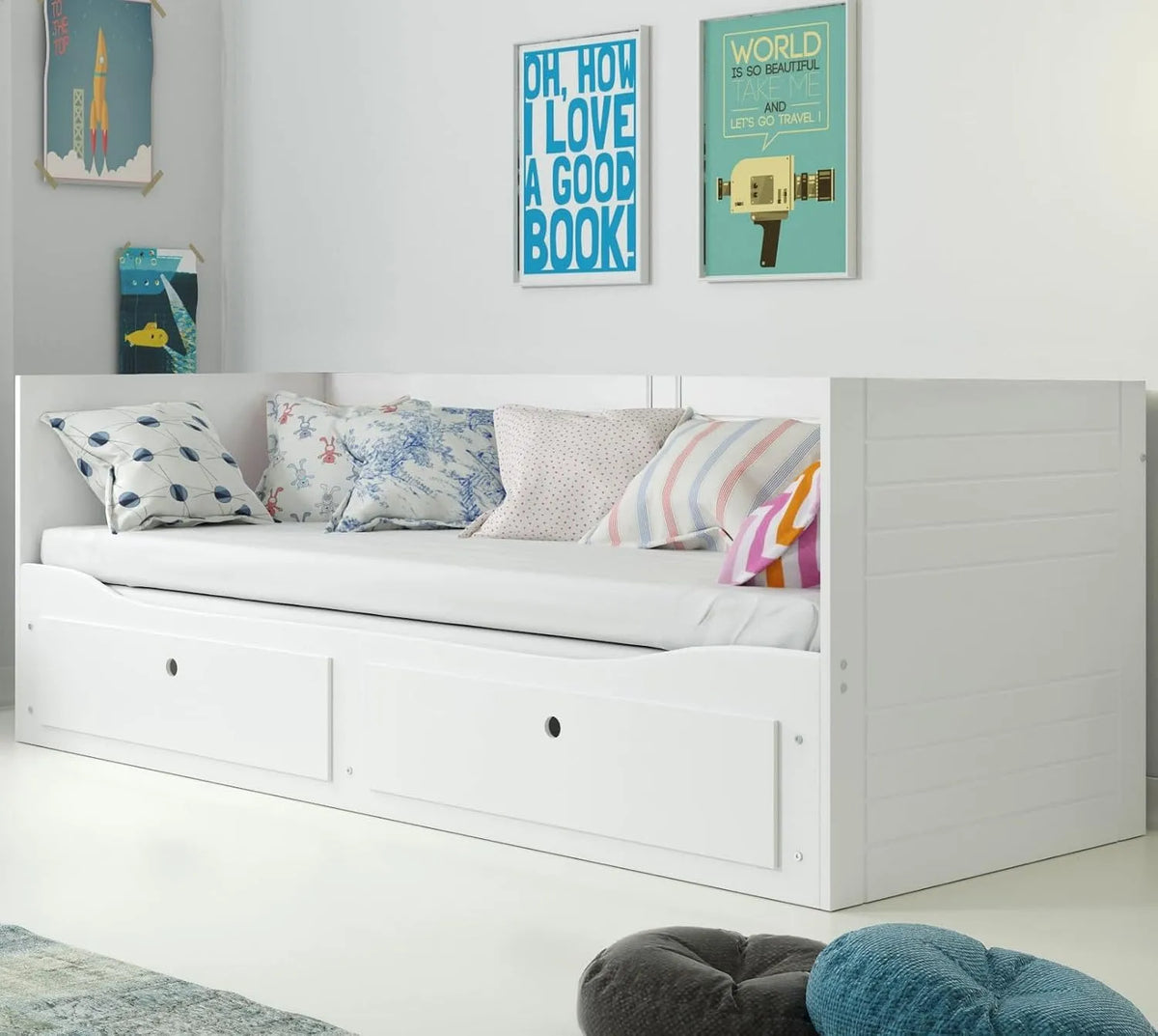 Tagesbett und Gästebett: MDF, für Kinder, aus Holz, mit Schubladen, ausziehbar, 2 Schubladen, 80 × 200