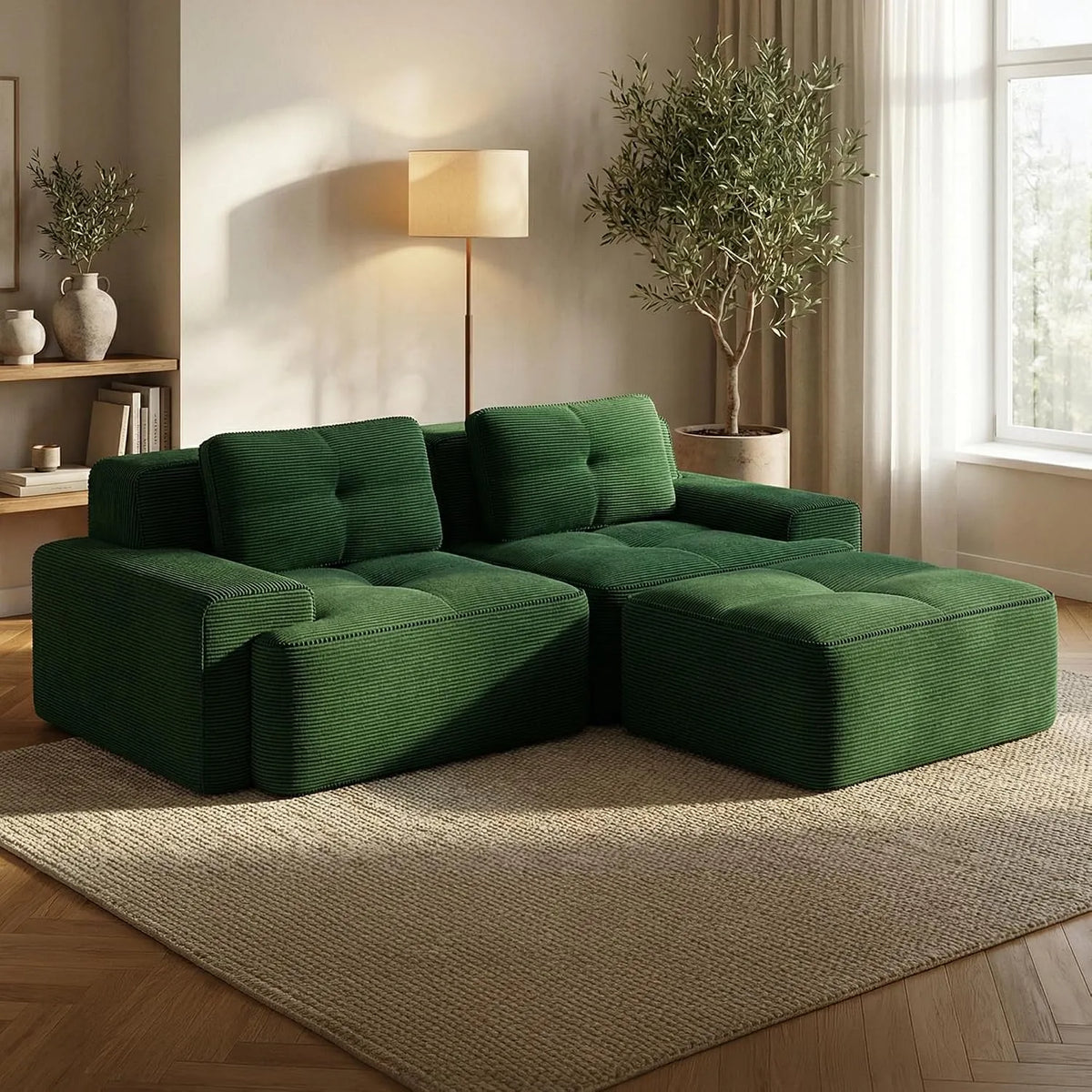 Ecksofa und Wohnlandschaft: Schlafsofa, modular, mit Cordbezug, 2-Sitzer, 204 cm, grün, mit Samtbezug, mit Stoffbezug