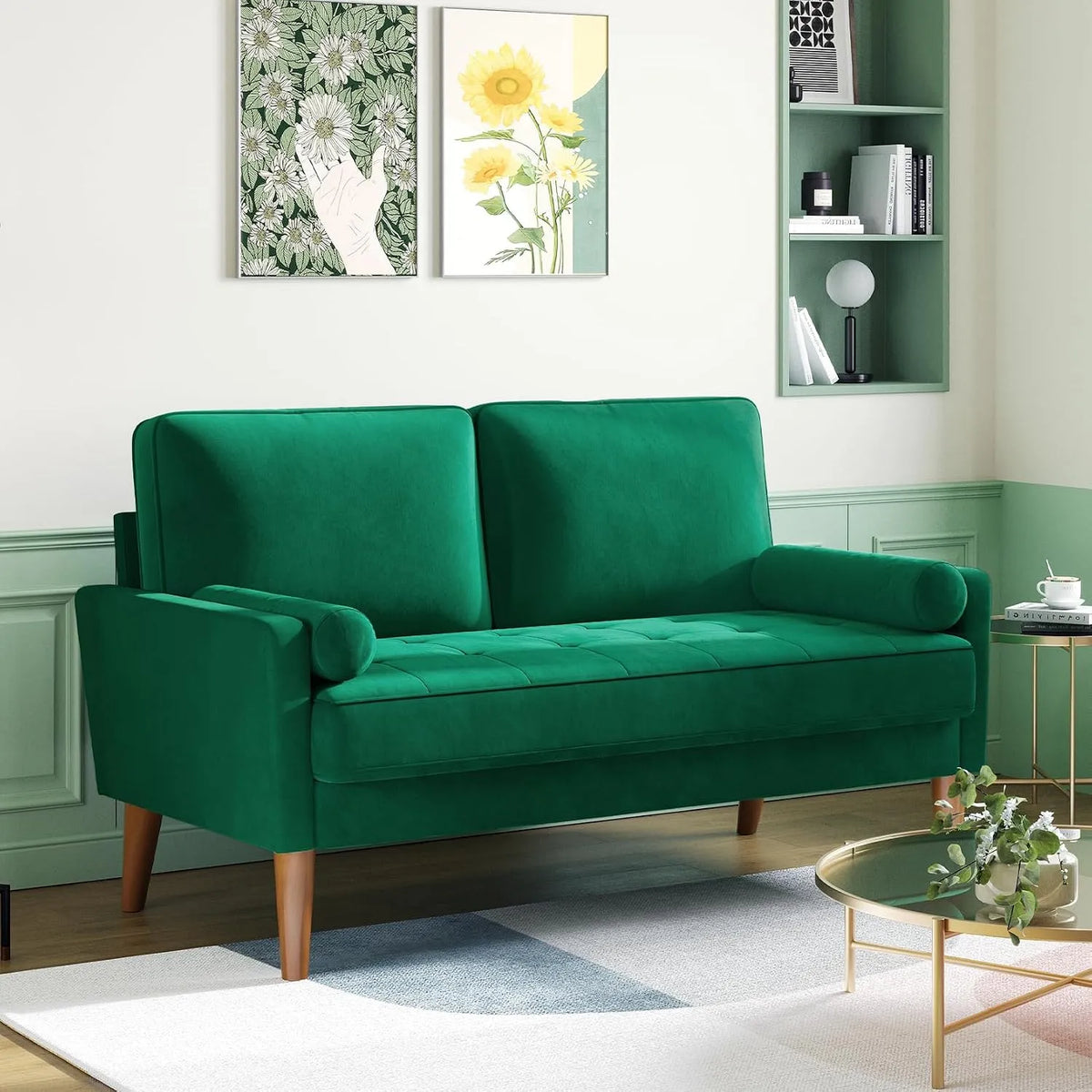 Sofa: mit Kissen, mit Samtbezug, 2 Sitzer, 121 × 77 × 87cm, grün, 2-Sitzer
