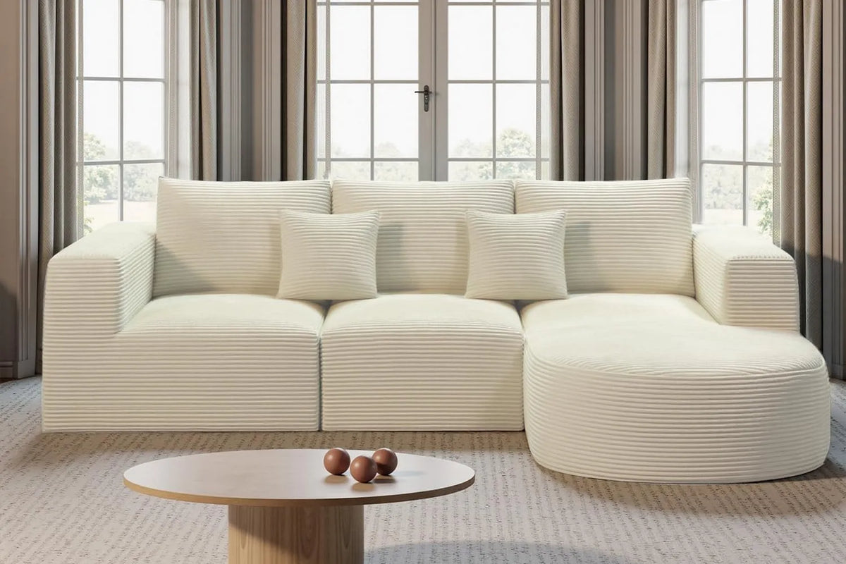 Ecksofa und Wohnlandschaft: L-Form Couch, rechte Ausrichtung, mit Cordbezug, mit Schlaffunktion, 3 sitzer, 264 × 177 × 59cm, beige, aus Metall