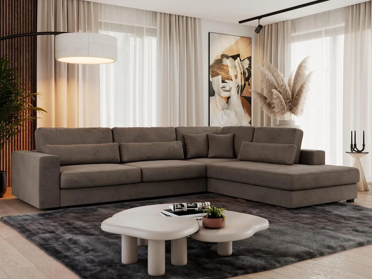 Ecksofa und Wohnlandschaft — Sofa L-Form, rechte Ausrichtung, mit Samtbezug, 316 cm, braun