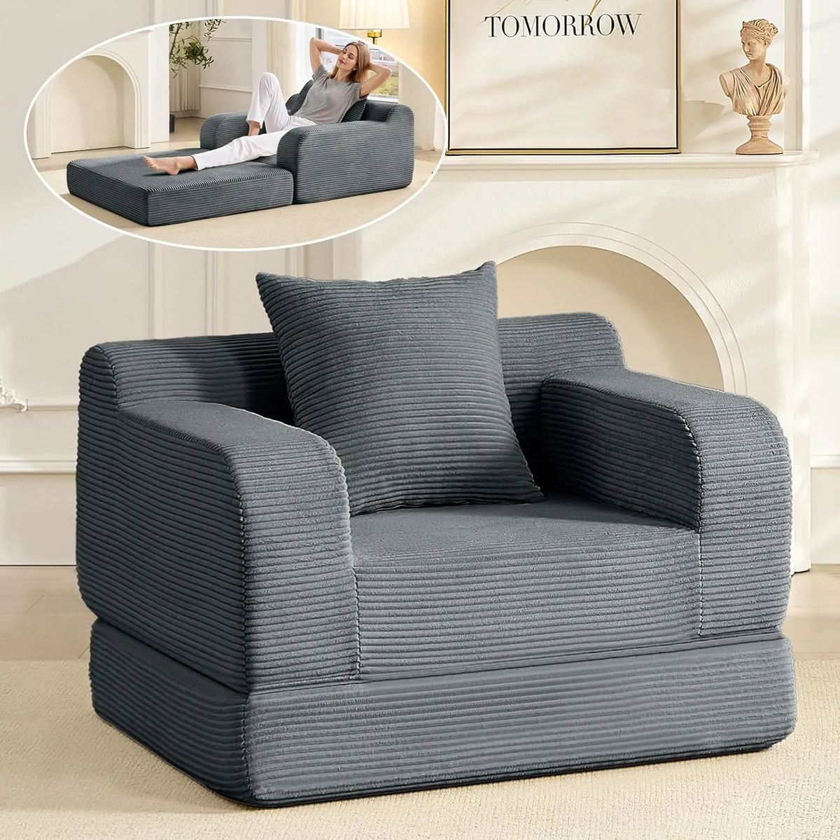 Schlafsofa und Sofabett: Faltbar, mit Cordbezug, mit Schlaffunktion, mit Kissen, klappbar, 1-Sitzer, grau