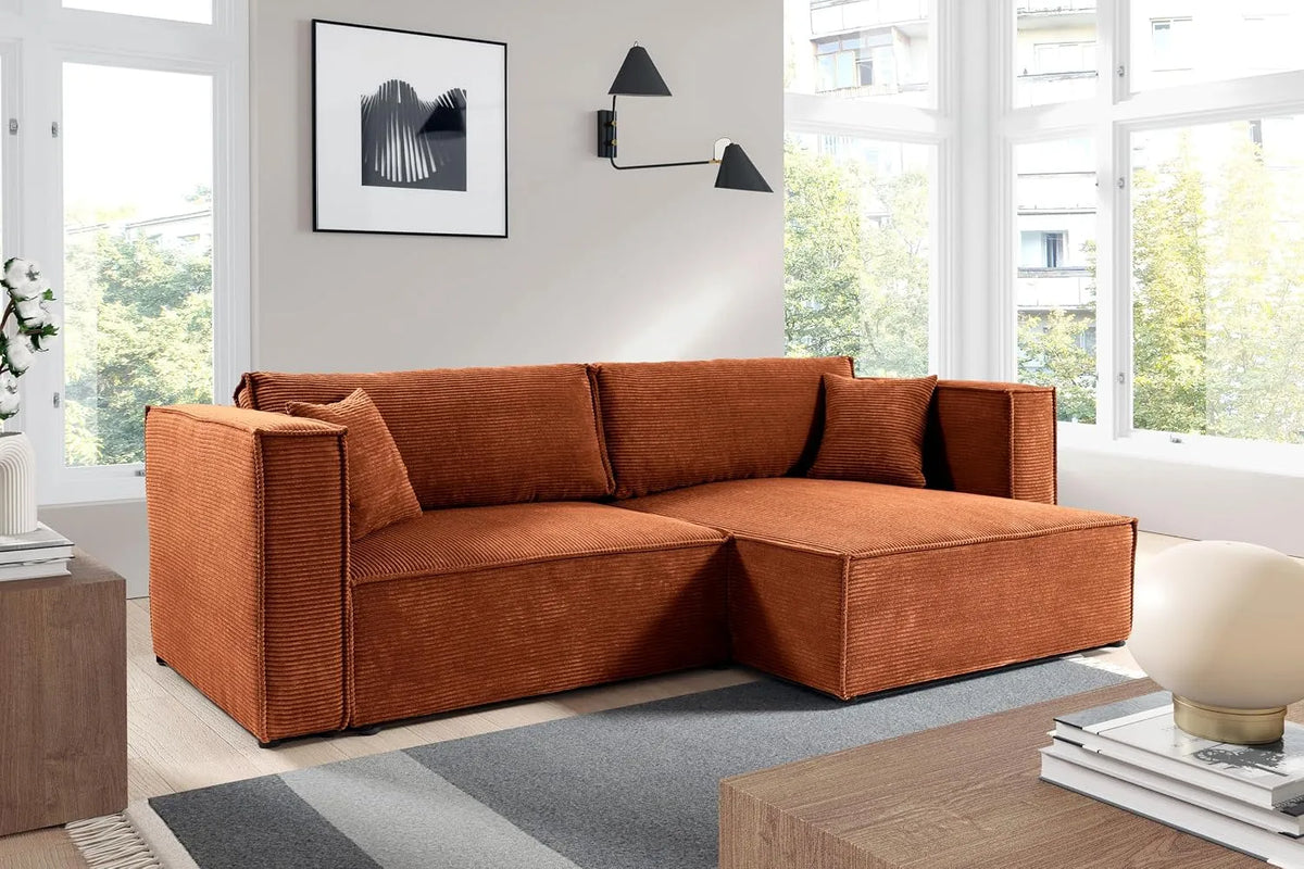 Ecksofa und Wohnlandschaft: mit Cordbezug, mit Bettkasten, mit Schlaffunktion, 200 × 136 cm, orange