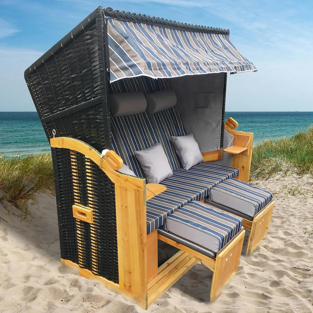 Strandkorb — gestreift, gemustert, mit Rückenlehne, mit Kissen, wetterfest, 3-Sitzer, 165cm, verstellbar