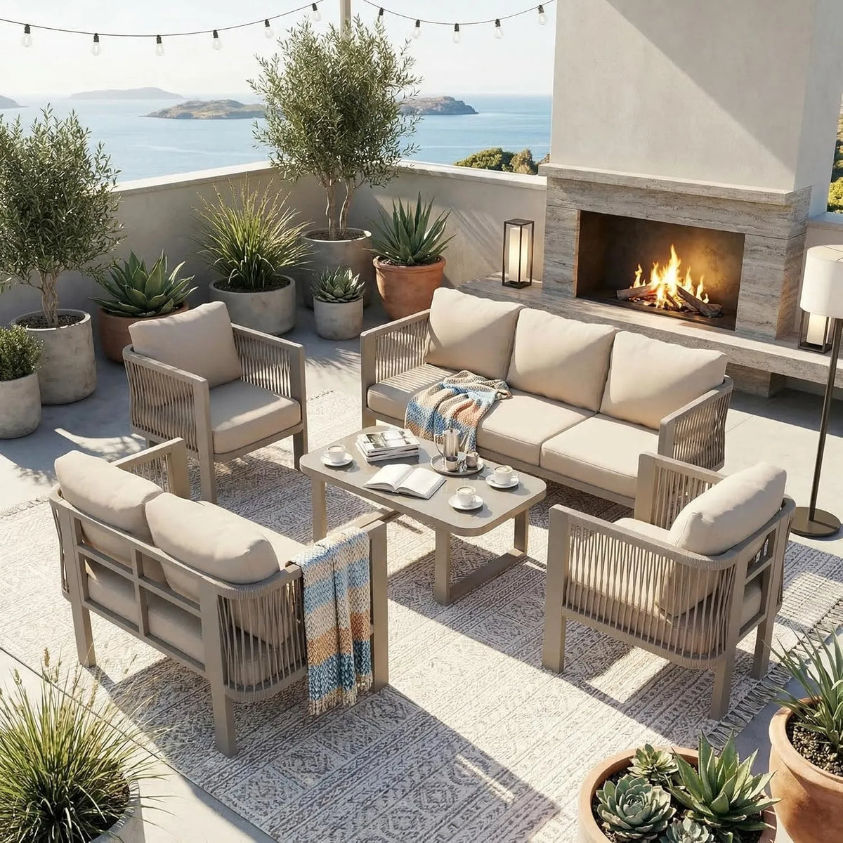 Gartenmöbel-Set und Lounge-Set: mit Kissen, beige