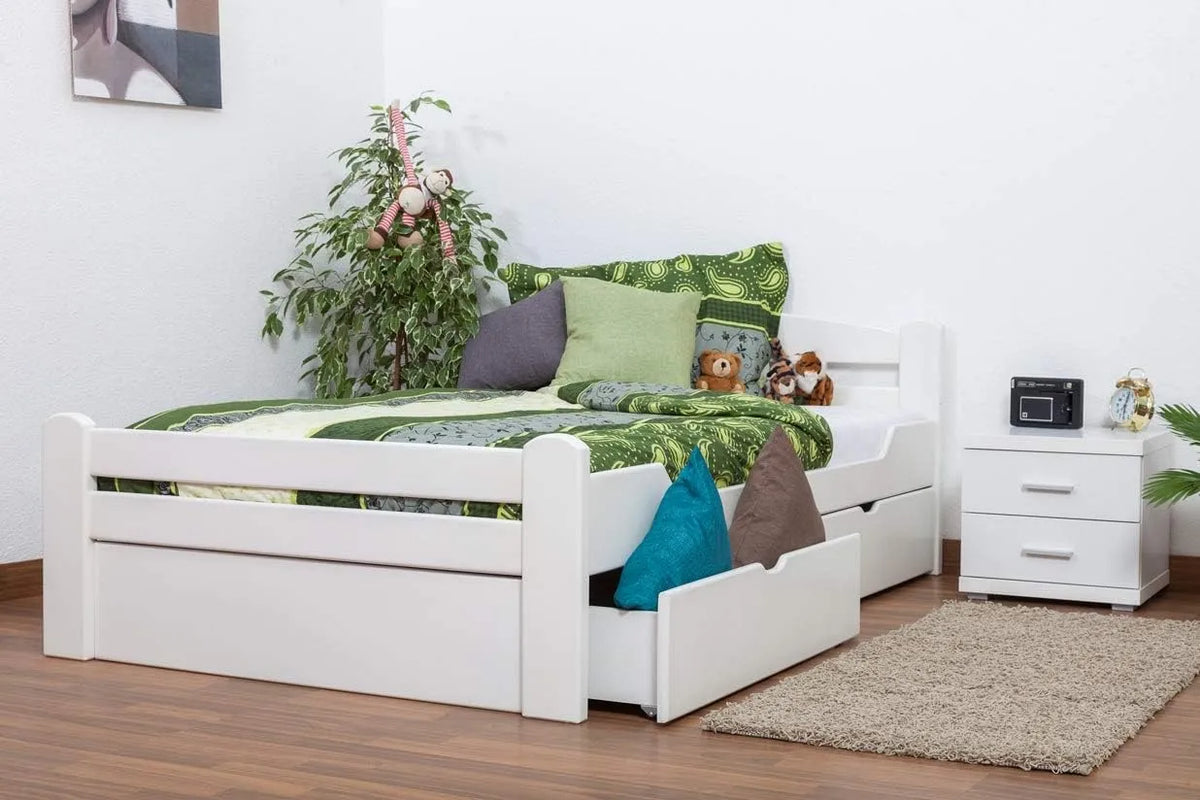 Bettgestell und Bettrahmen: mit Schubladen, 2 Schubladen, 120 × 200 cm, weiß
