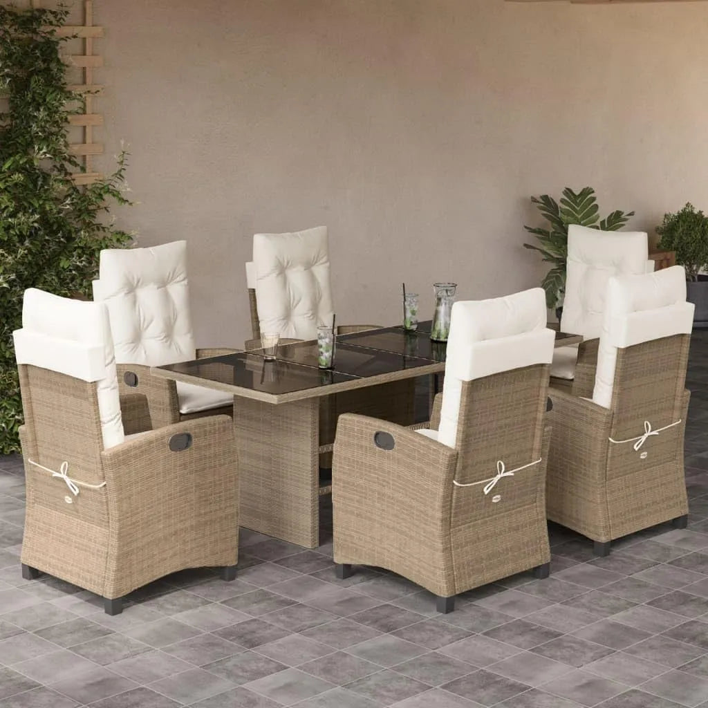 Essgruppe – UV-Schutz, mit Kissen, aus Polyrattan, verstellbar, 7tlg, 190 × 80 × 74 cm, beige