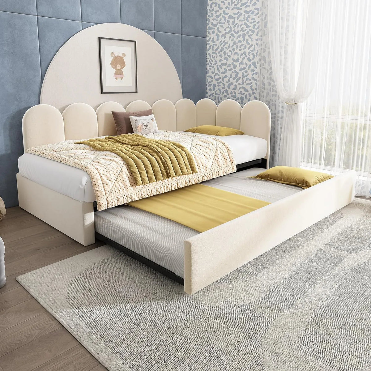 Polsterbett — Schlafsofa und Sofabett Bettgestell, aus Metall, mit Samtbezug, mit Lattenrost, 90 × 200, 90 × 190 cm, beige, mit Stoffbezug