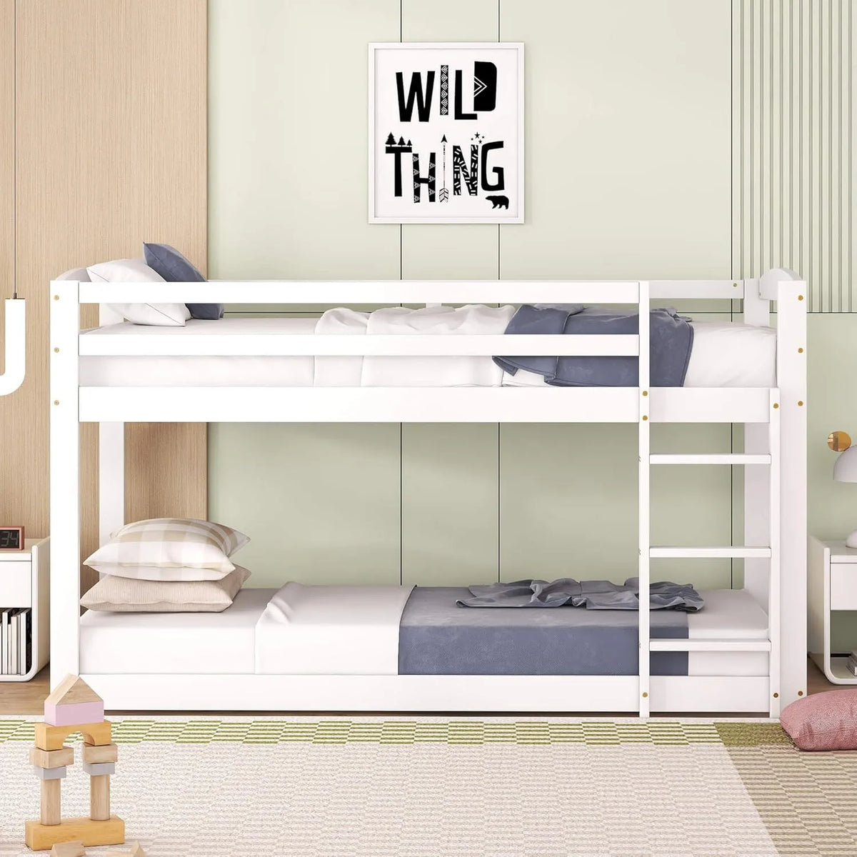 Kinderbett — für Kinder, mit Rausfallschutz, mit Leiter, mit Lattenrost, 90 × 200cm, weiß
