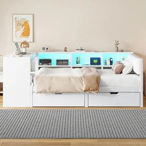 Tagesbett und Gästebett — mit Schubladen, mit USB-Anschluss, LED-Anzeige, 140 × 200 cm, weiß