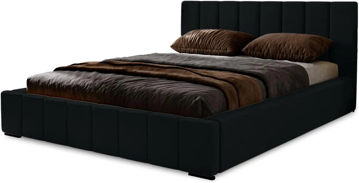Polsterbett und gepolstertes Bettgestell — aus Holz, mit Bettkasten, mit Lattenrost, 200 × 200 cm, schwarz, mit Samtbezug, mit Stoffbezug