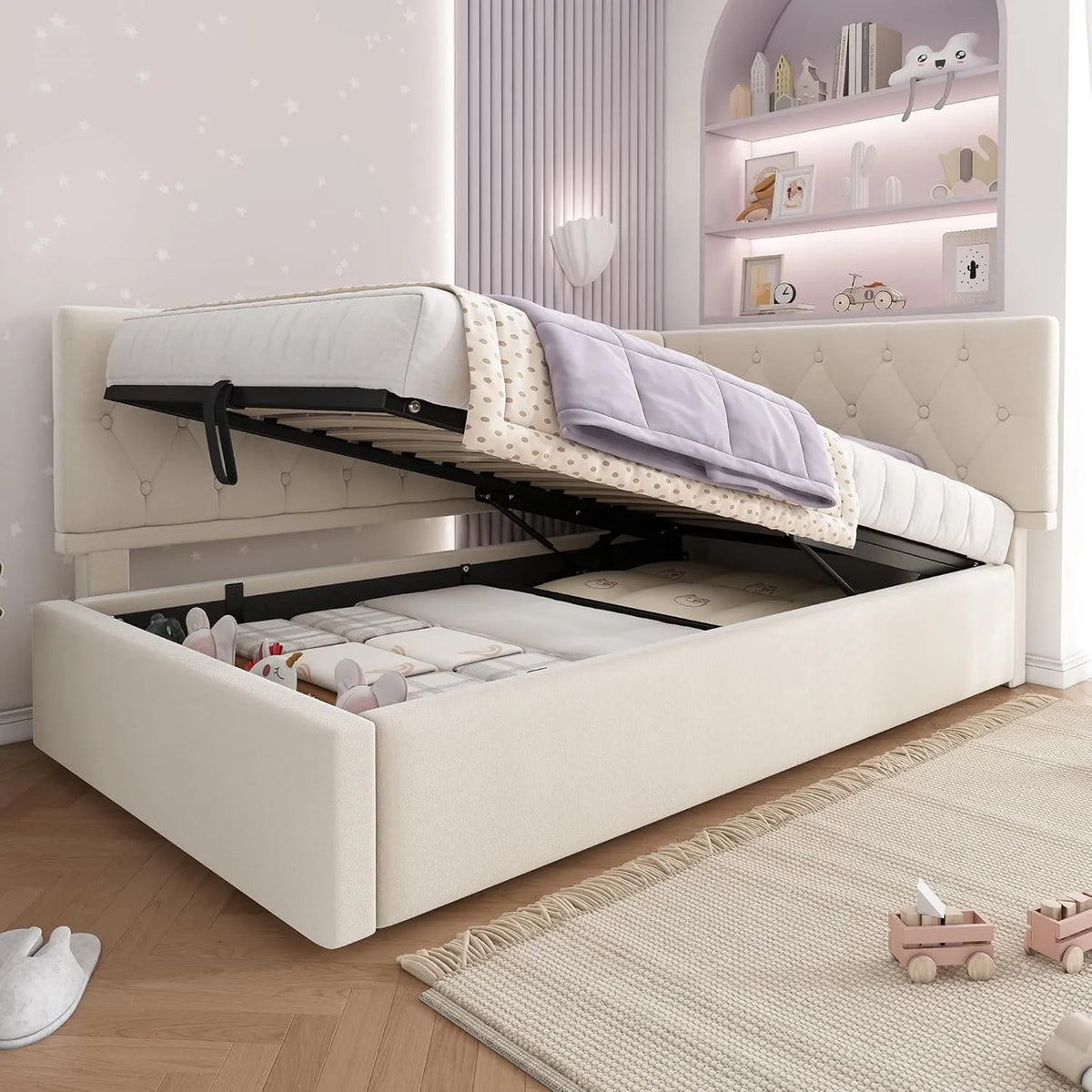Polsterbett und gepolstertes Bettgestell: Bettgestell, aus Holz, mit Stauraum, mit Samtbezug, mit Lattenrost, 90 × 200 cm, beige