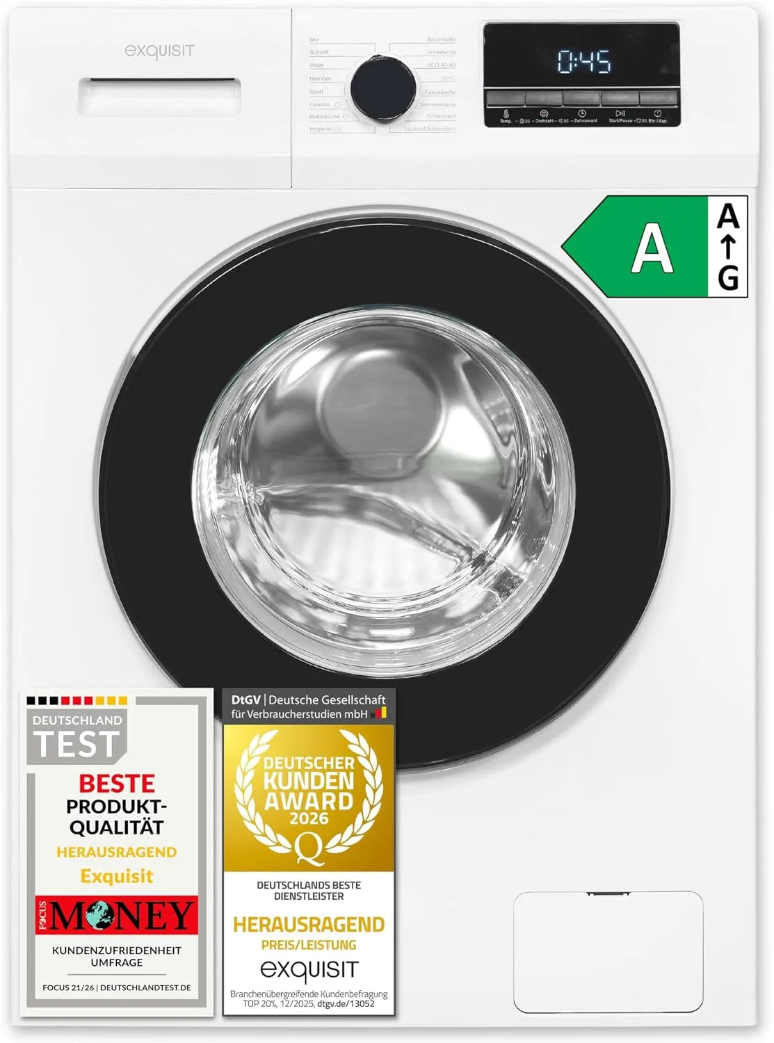 Exquisit WA58014-340A Waschmaschine, 8 kg, Energieklasse A, Kindersicherung, aquaStop, Weiß, 16 Programmen inkl, 1400 U/Min