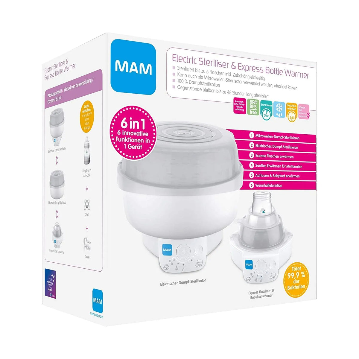 MAM 6 6-in-1 Babyflaschenwärmer, elektrisches Sterilisationsgerät, Wärmefunktion