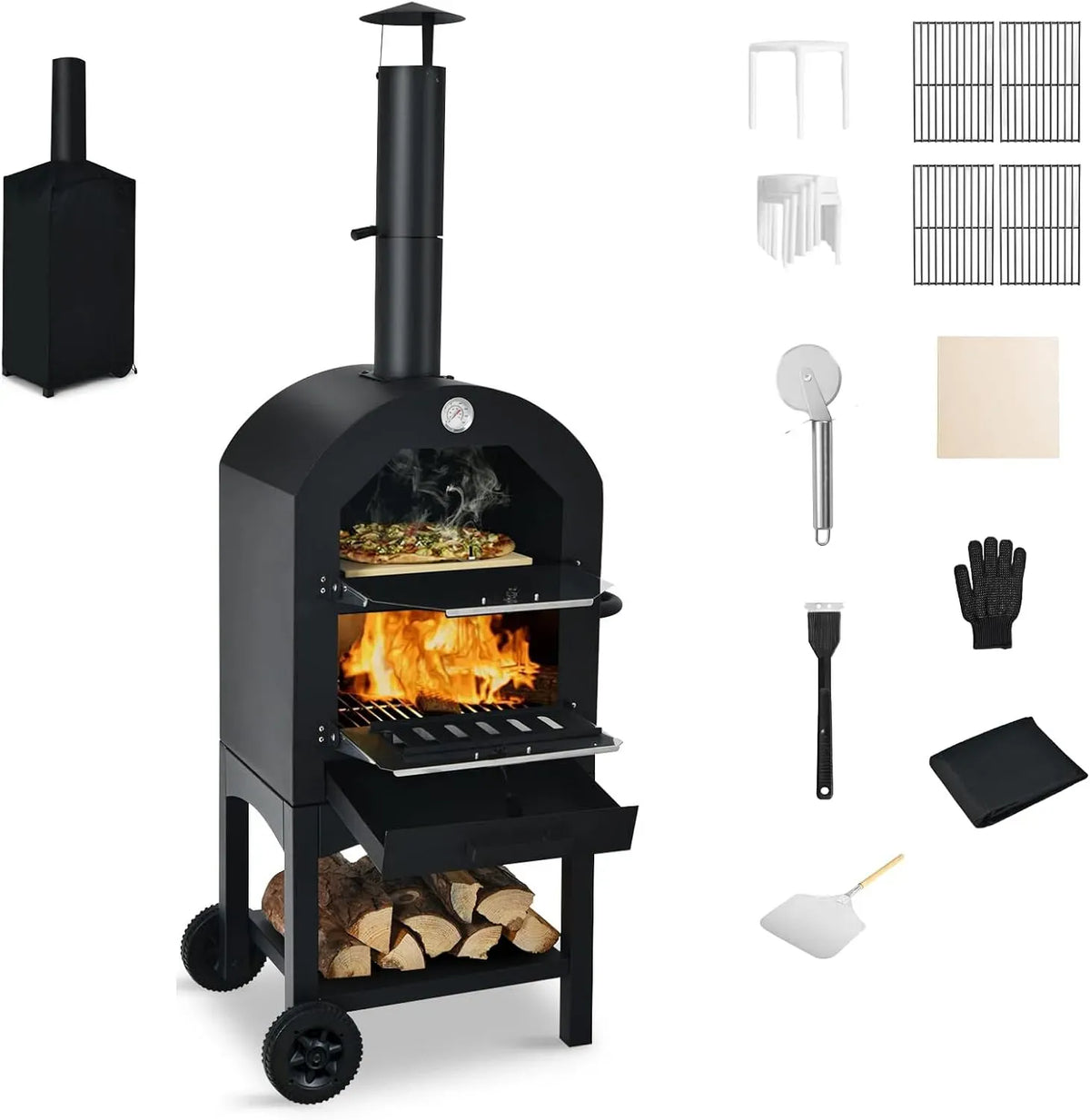 Elektrischer Pizzaofen, KOMFOTTEU, tragbar, Outdoor, IP65, Grill, Camping, tragbarer Holzofen aus Eisen, Mini-Ofen 2 Ebenen, Grillrost, Pizzawender