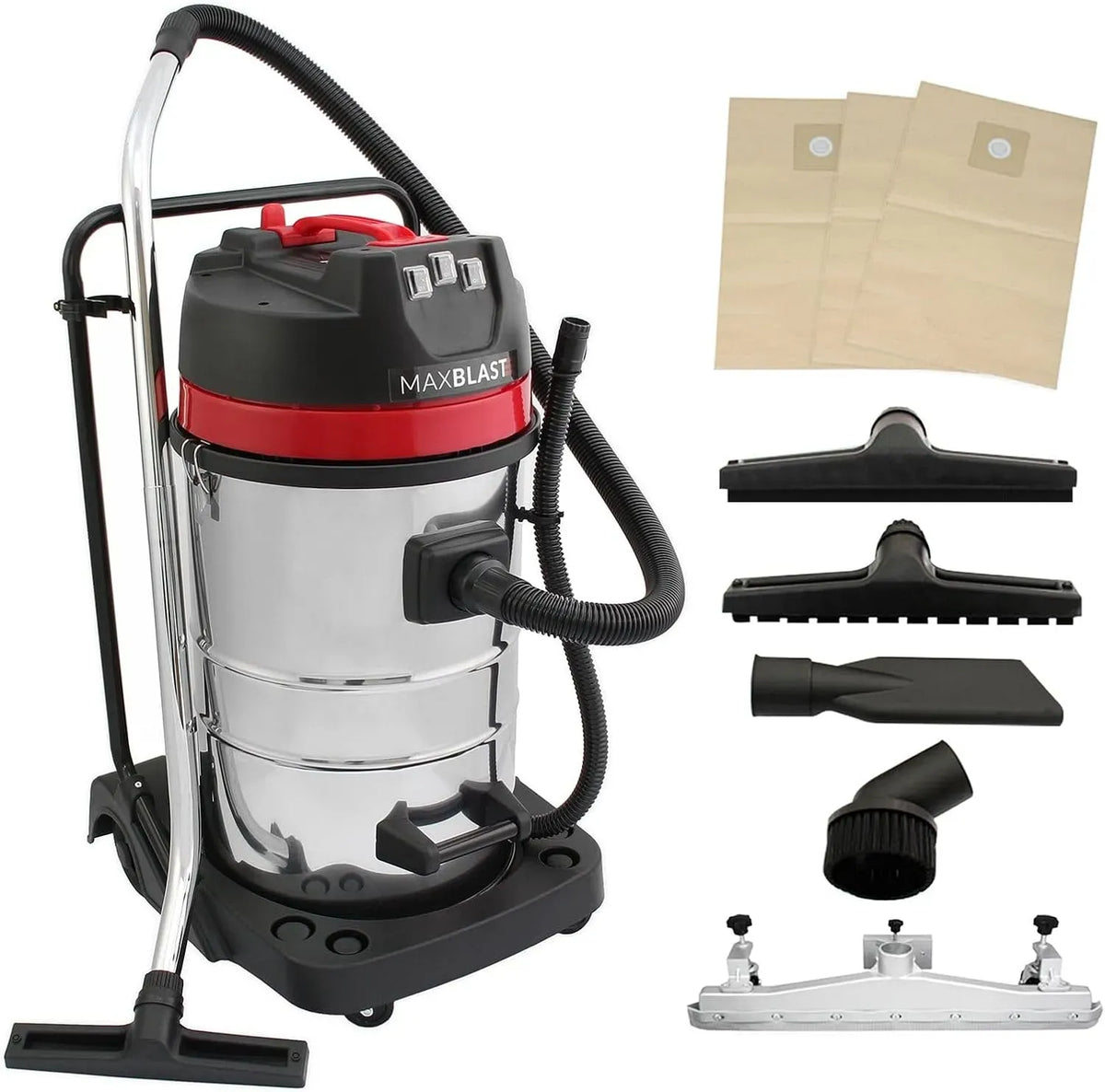 Staubsauger, 80 L, 3000 W, Edelstahl, Edelstahl-Tuchfilter, 5 Aufsätze