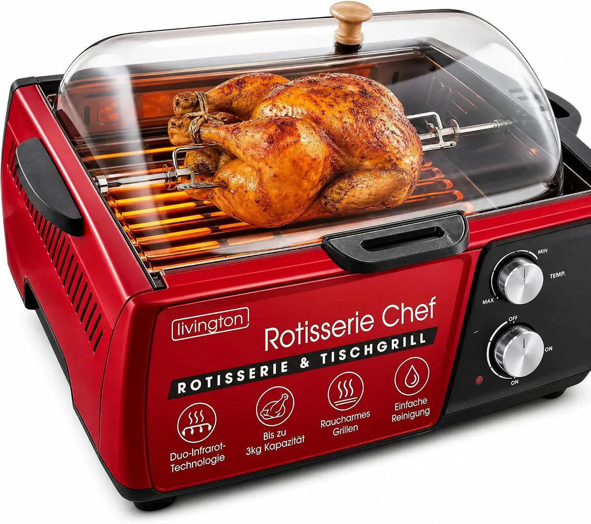 Elektrogrill, Indoorgrill, Tischgrill, Drehgrill, elektrischer Tischgrill, Wärmefunktion, Rot, für Hähnchen, Livington