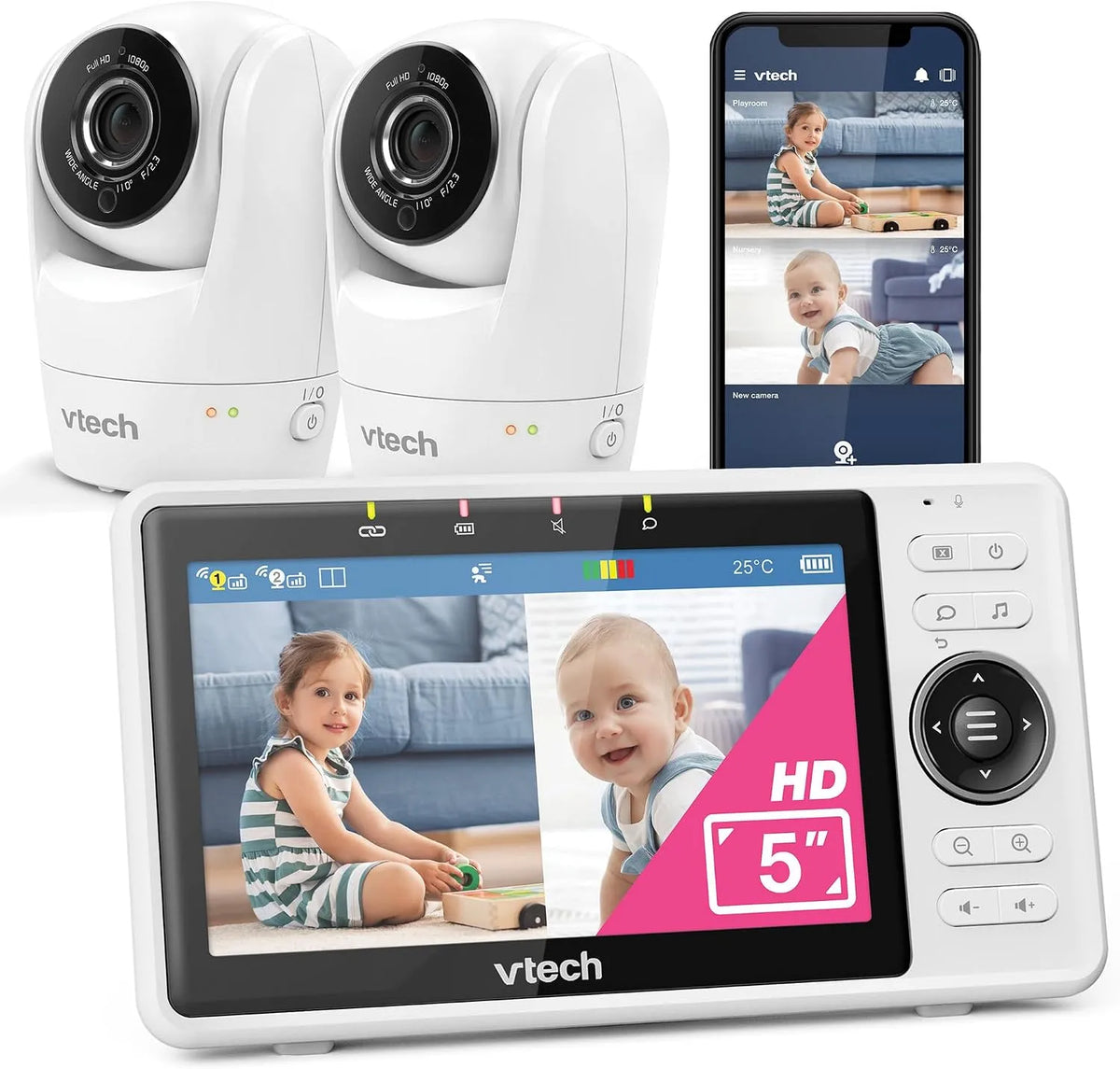 1080p-FHD-Kamera VM901-2W Temperatursensor, Babyphone, Babyüberwachungsgerät, 2 W, WLAN, Full HD, IPS-Panel, 2 Temperaturzonen
