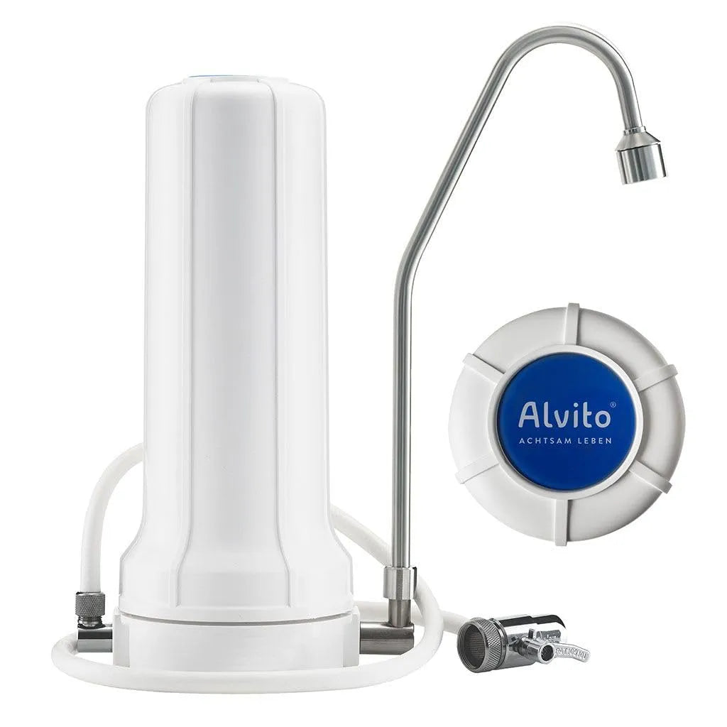 M22 Auftischfilter, Wasserfilter, Filteranlage, Trinkwasserfiltersystem, 120 mm, 330 mm, Edelstahl, für Leitungswasser mit Edelstahlhahn