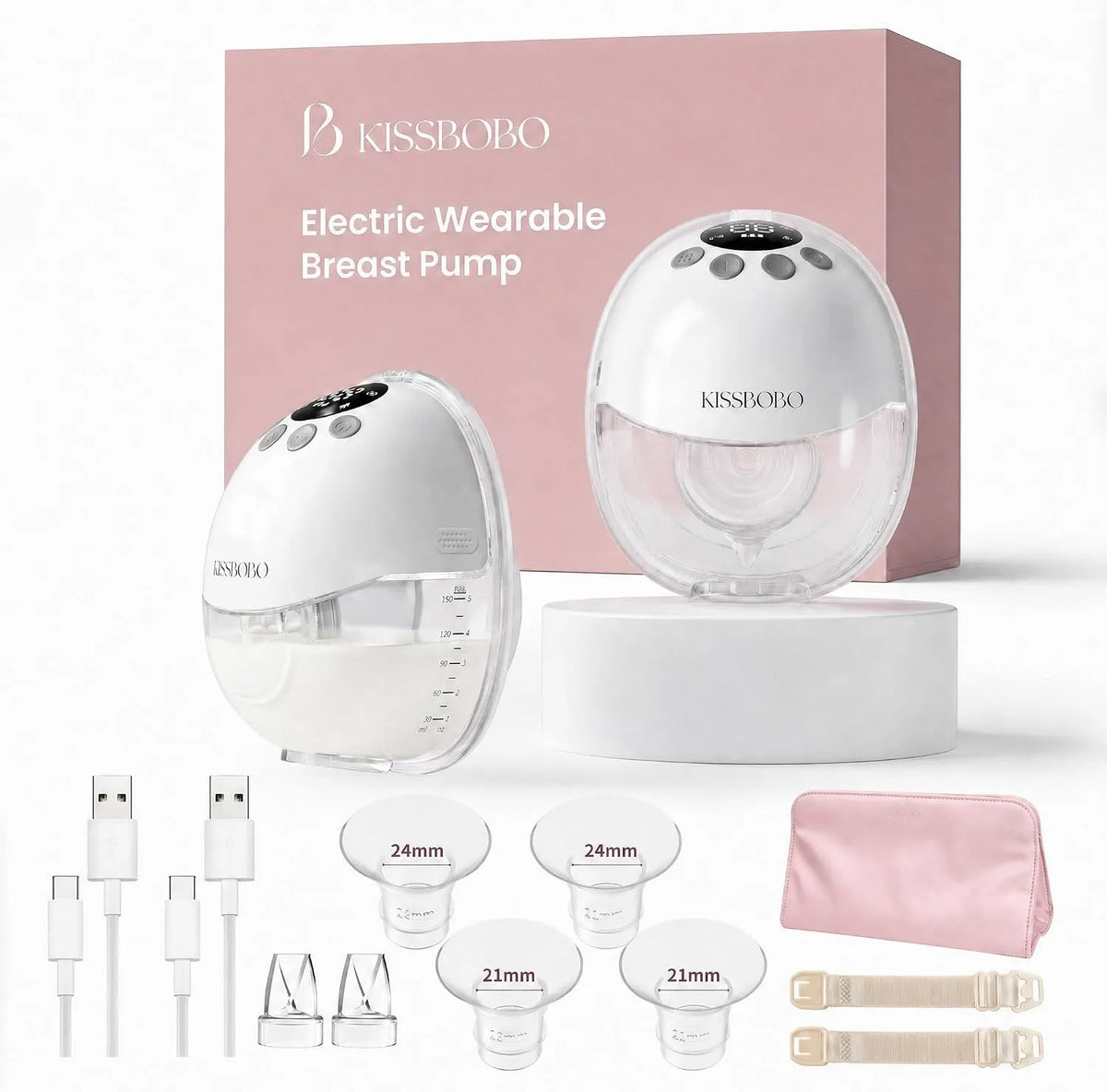 Milchpumpe, 45 dB, elektrische Stillpumpe, KISSBOBO 320mmHg 1300mAh, leise, Weiß, 4 Modi 19 Stufen, 2 Stück