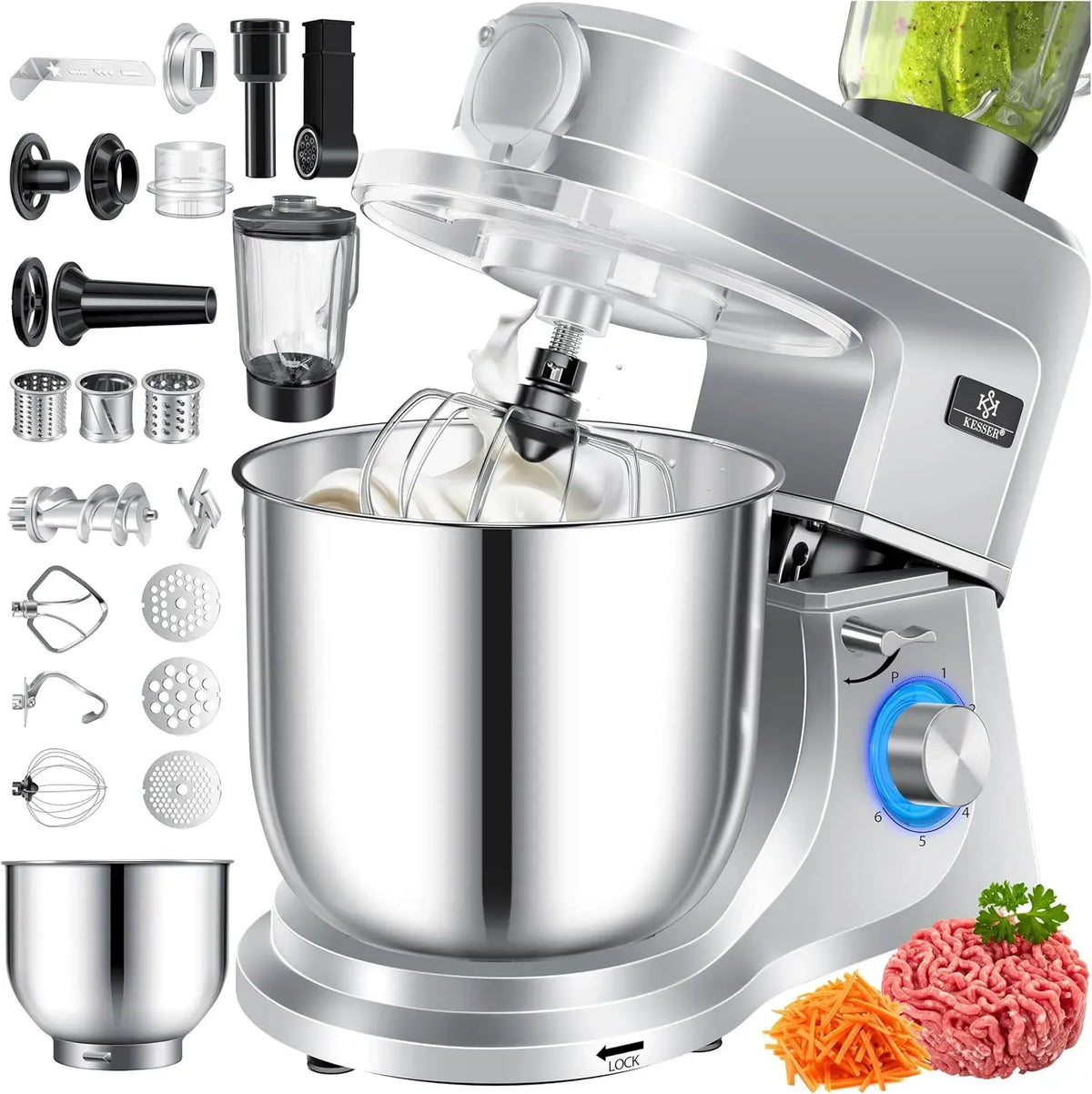 Küchenmaschine 3in1, 5,5 L, 1500 W, Silber, 1500W Knetmaschine 5,5L Rührschüssel + Spritzschutz, 6 Geschwindigkeiten