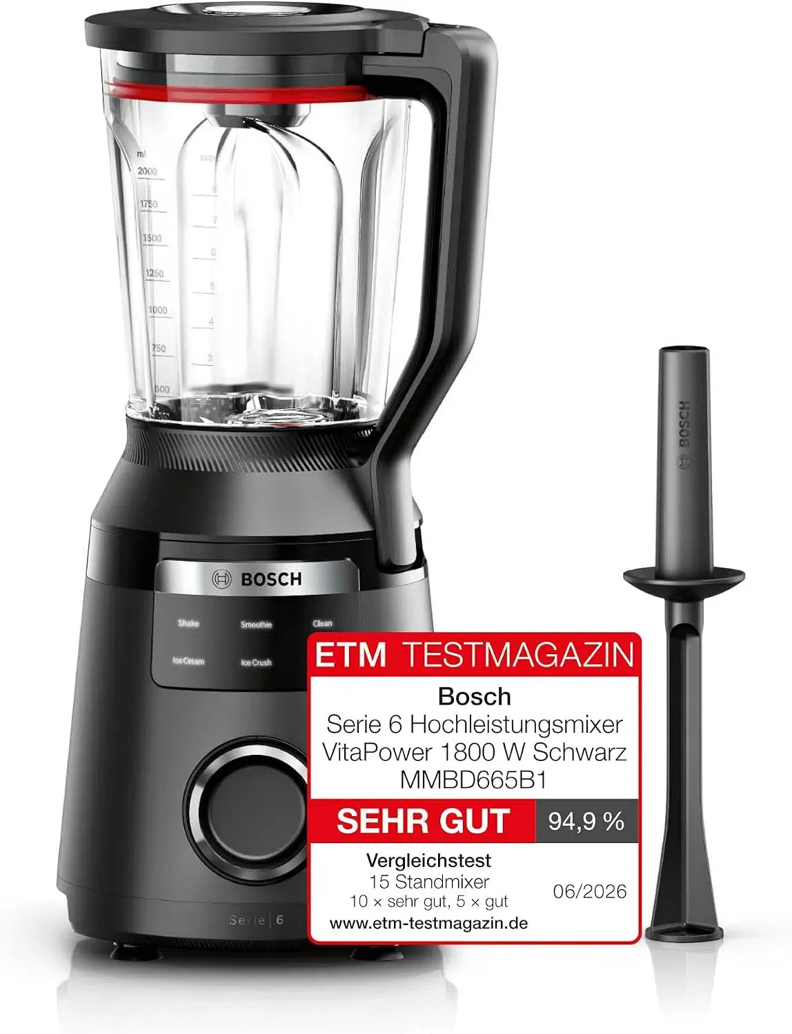 Bosch Serie 6 MMBD665B1 Geschirrspüler, 2 L, 1800 W, 6 Programme, Spülmaschine, Highspeed-Standmixer, 000 U/min, 2 L Mixbehälter, VitaPower MMBD 5B1