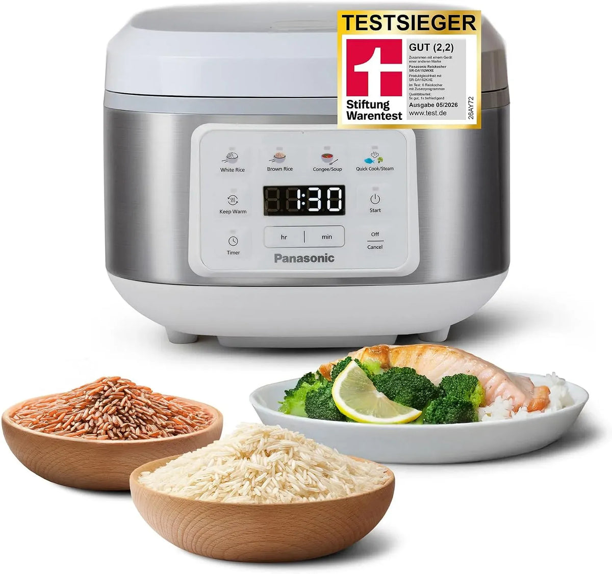Panasonic SR-DA152WXE Geschirrspüler, 1,5 L, Spülmaschine, Warmhaltefunktion, Dampf, Weiß, Automatischer Reiskocher mit Dampfgarer, 8 Tassen