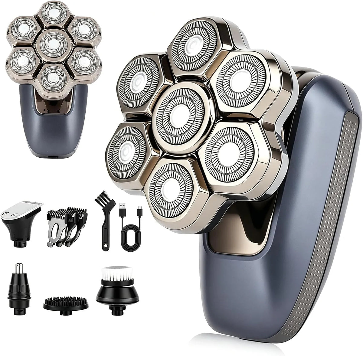 5-in-1-Pflegeset IPX6 Kotelettenschneider, Nasenhaarschneider, Rotationsrasierer, Gesichtsbürste, Kopfrasierer, Elektrorasierer für den Kopf, IP65