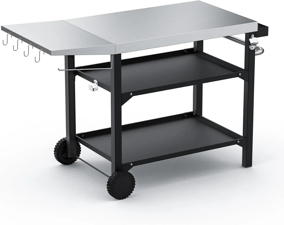 Elektrischer Pizzaofen, 120cm, onlyfire 3-Etagen, Outdoor, Transportrollen, Grill, Edelstahl, Grillwagen 120cm mit Edelstahl Arbeitsplatte
