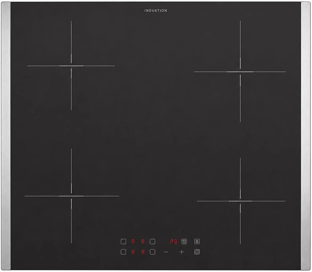 Induktionskochfeld, 60 cm, 4 Kochzonen, Induktionsplatte, Oranier, Boost, Touch-Bedienung, autark, Edelstahl, 4 Kochzonen & roter LED Anzeige