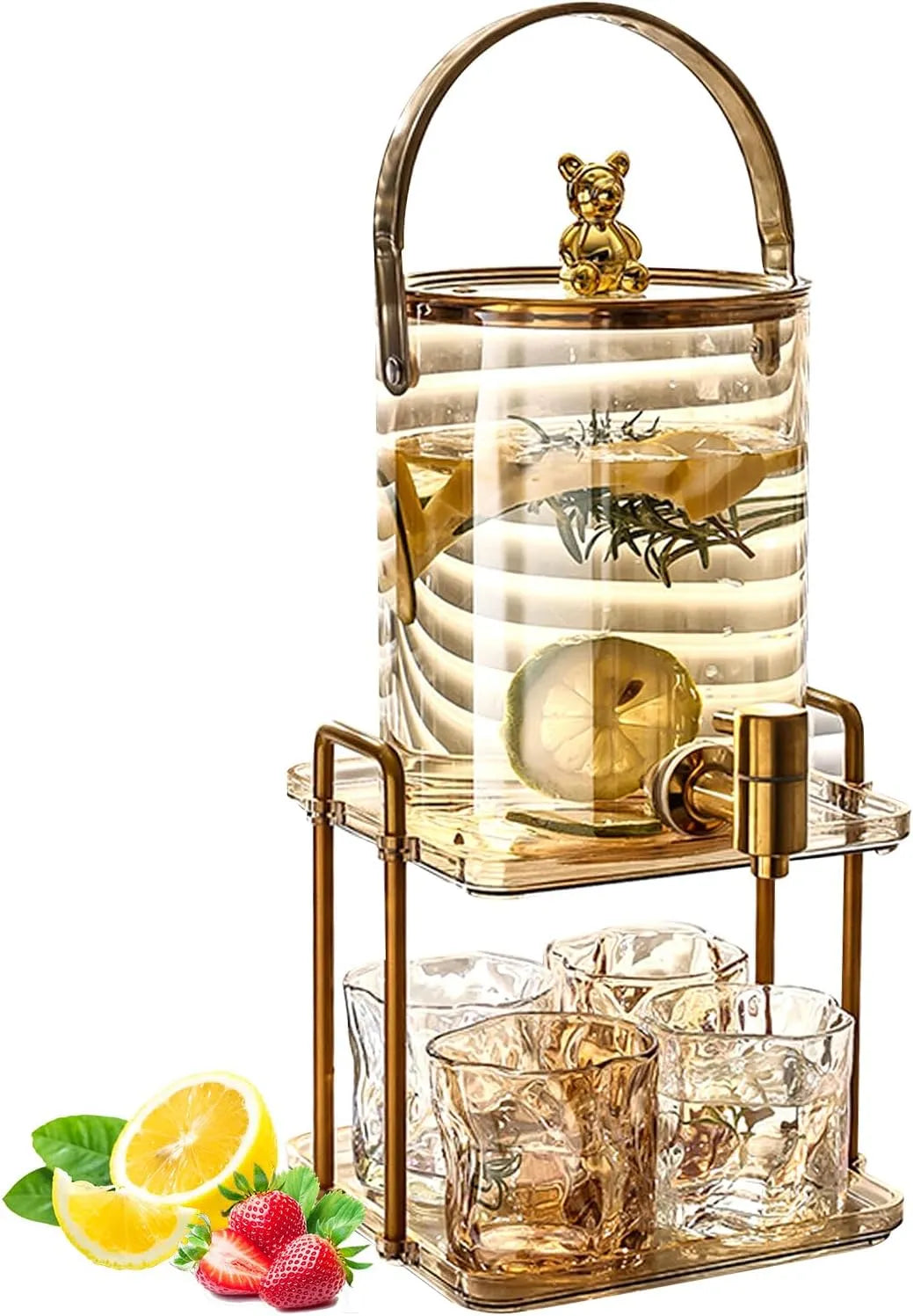 Getränkespender, Wasserspender, Glasbehälter, Getränkedispenser, 3000 ML, Edelstahl, für kalte Getränke mit 4 Gläsern Limonaden-Getränkespend